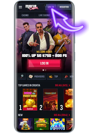 Mafia Casino homepage with login button positioned at top navigation bar