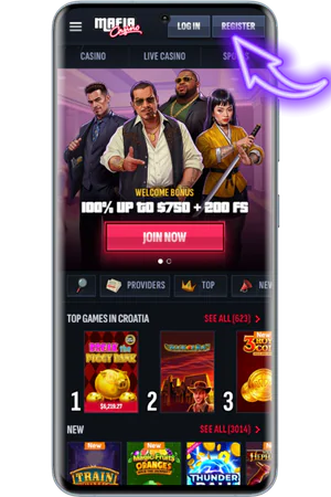 Main screen of Mafia Casino Australia with registration button highlighted in top right corner