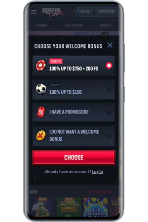 Welcome bonus selection screen showing casino and sports betting bonus options at Mafia Casino