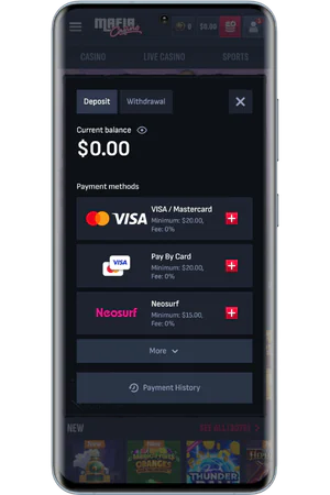 Secure deposit form with multiple payment methods including cards and crypto at Mafia Casino