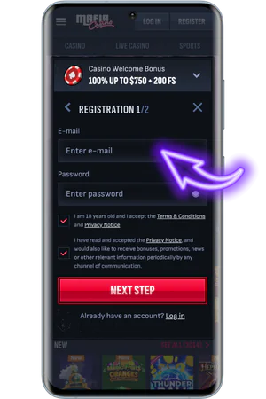Registration form requesting email address password and personal details for new Mafia Casino account