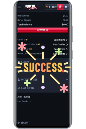 Account dashboard showing balance games and active promotions after successful Mafia Casino login